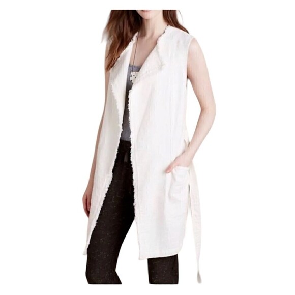Anthropologie Elevenses Luna Frayed Linen Vest Off White Belted Size Medium - Picture 3 of 10